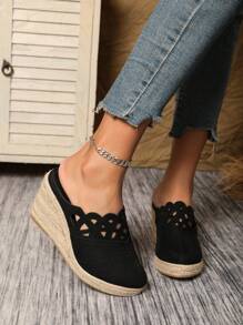 Suede Laser Perforated Breathable Wedge Espadrille Shoes For Women, Stylish And Lightweight - Black - View 4