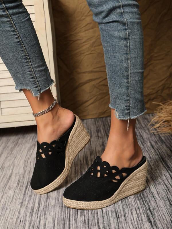 Suede Laser Perforated Breathable Wedge Espadrille Shoes For Women, Stylish And Lightweight