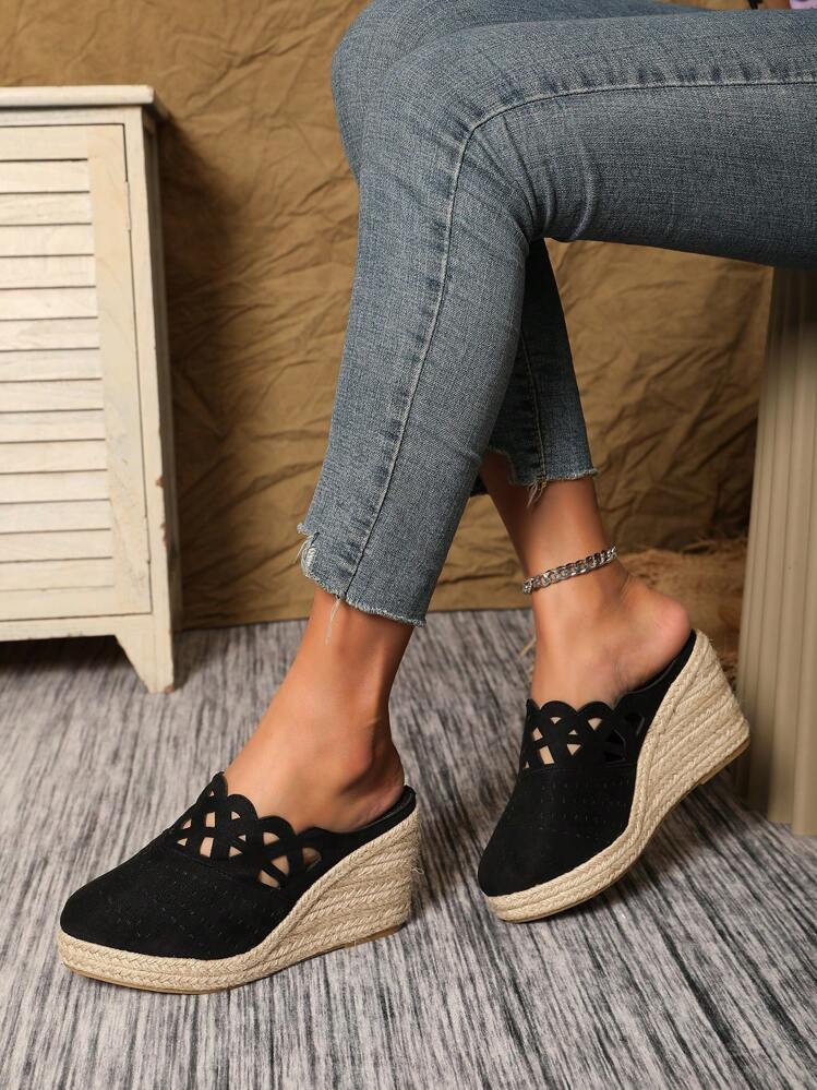 Suede Laser Perforated Breathable Wedge Espadrille Shoes For Women, Stylish And Lightweight - Black - View 4