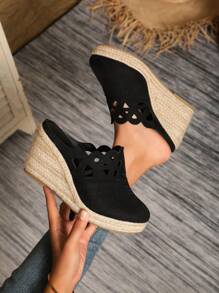Suede Laser Perforated Breathable Wedge Espadrille Shoes For Women, Stylish And Lightweight - Black - View 3