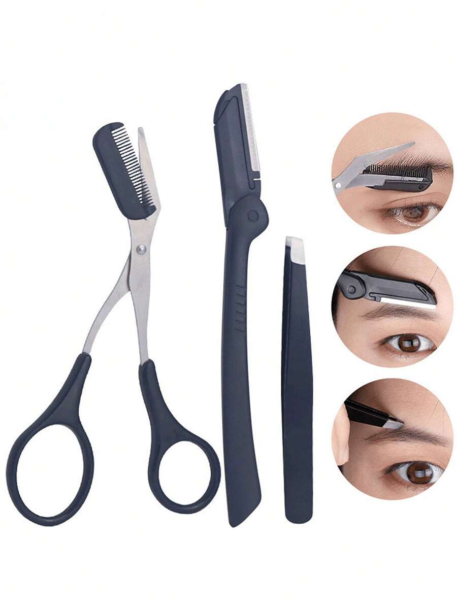 3 pièces d'outils de taille des sourcils, pince à épiler en acier inoxydable, ciseaux à sourcils avec peigne, rasoir à sourcils 3 pièces Kit de mise en forme des sourcils, set en acier inoxydable 3-en-1, ciseaux à sourcils, rasoir à sourcils, pince à épiler, kit d'outils de taille des sourcils, kit de soins esthétiques professionnels pour les sourcils : ciseaux de précision avec peigne et rasoir - sans parfum, idéal pour l'épilation du visage des femmes - Multicolore - Voir 1