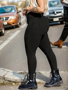 欧美热销新款日常百搭修身弹力女式牛仔裤，纯色简约黑色紧身裤，休闲春季款 - 黑色 - 查看 4