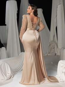 Faeriesty Glamouröses Abendkleid in Große Größen für Frauen mit besticktem Korsett, Schlitz-Fischschwanzsaum und Schnürung, Partykleid, Hochzeitsgast-Kleid, Abendkleid, Maxikleid - Champagnerfarben - Übersicht 2