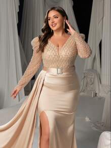 Faeriesty Glamouröses Abendkleid in Große Größen für Frauen mit besticktem Korsett, Schlitz-Fischschwanzsaum und Schnürung, Partykleid, Hochzeitsgast-Kleid, Abendkleid, Maxikleid - Champagnerfarben - Übersicht 5