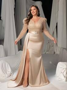 Faeriesty Glamouröses Abendkleid in Große Größen für Frauen mit besticktem Korsett, Schlitz-Fischschwanzsaum und Schnürung, Partykleid, Hochzeitsgast-Kleid, Abendkleid, Maxikleid - Champagnerfarben - Übersicht 4