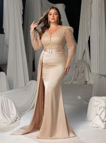 Faeriesty Glamouröses Abendkleid in Große Größen für Frauen mit besticktem Korsett, Schlitz-Fischschwanzsaum und Schnürung, Partykleid, Hochzeitsgast-Kleid, Abendkleid, Maxikleid - Champagnerfarben - Übersicht 6