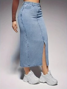 Saia Denim Maxi Casual com Fenda no Bolso e Bainha para Mulheres