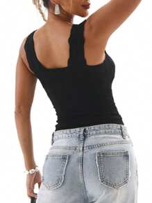 Women Square Neck Wide Straps Crop Tank Tops Casual Floral Sleeveless Lettuce Trim Slim Fit Crop Cami Vest Tops