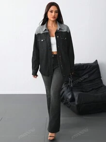Giacca casual in jeans nero e patchwork da donna