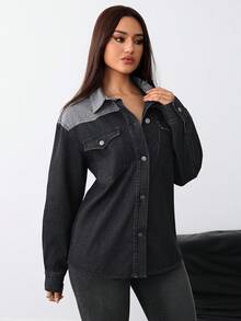 女士黑色牛仔休闲拼布夹克