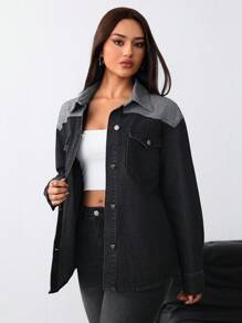 女士黑色牛仔休闲拼布夹克