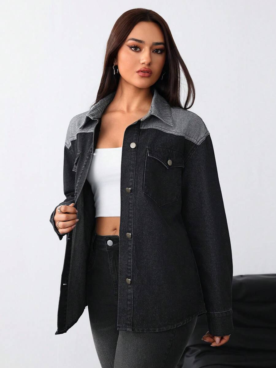 女士黑色牛仔休闲拼布夹克