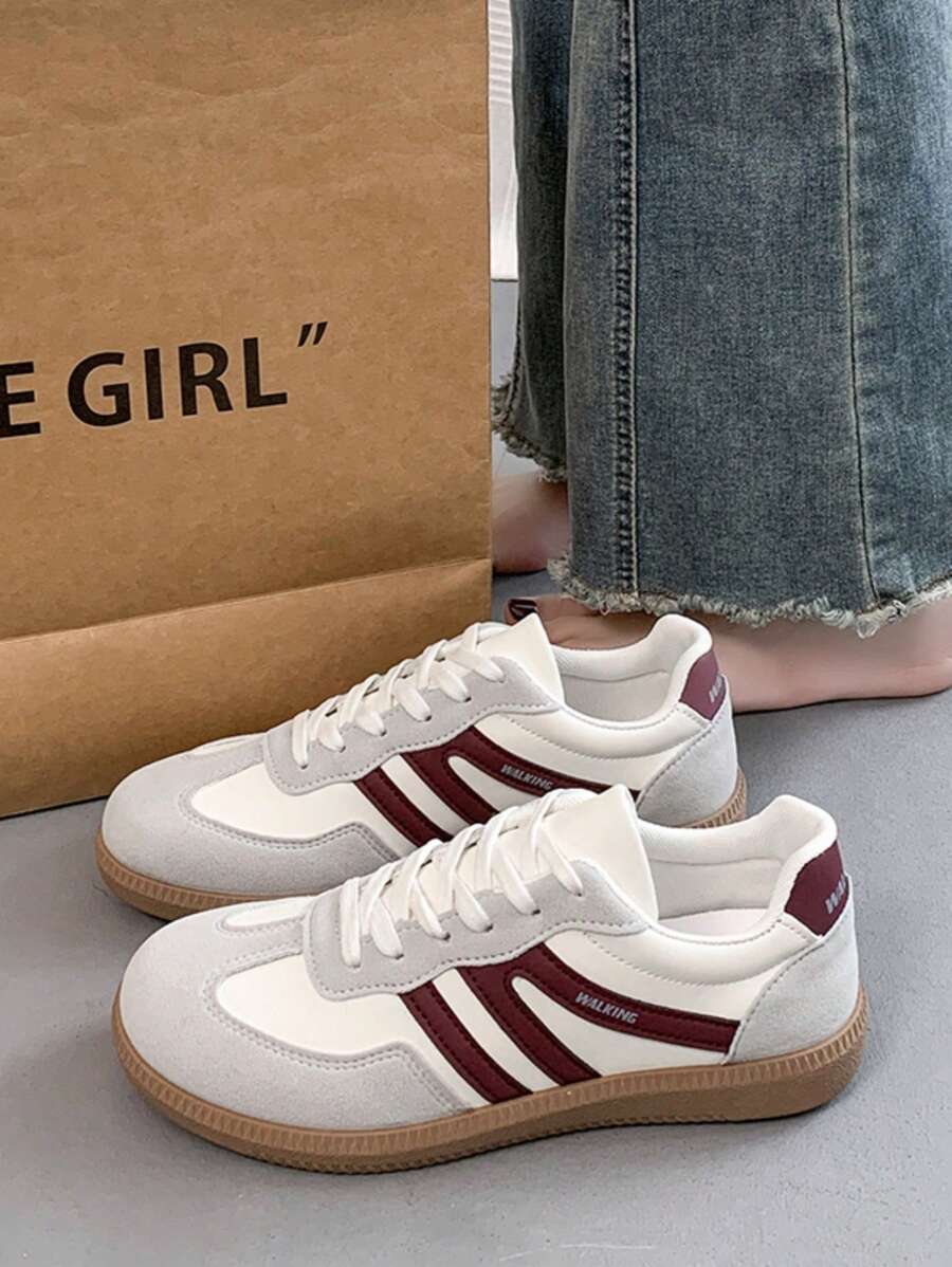 Women's Multi-Function Casual Sneakers, Flat Non-Slip Lace-Up Round Toe Rubber Sole Casual Shoes, Black & Khaki Colorblock, Daily Match, Fashion, Size 36-41