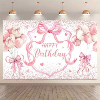 1pc Happy Birthday Pink Bow Banner For Party Decorations, Cake Tables And Sweet Portrait Photography For Home, Kitchen, Party Decorations Party Decorations Cake Table Supplies, Photo Booth Props Background Cloth.