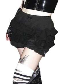 Women Y2k Bloomers Shorts Teens Girls Dark Gothic Tiered Ruffle Pumpkin Shorts Bloomer Bottom Layered High Waist Shorts Pettipants - 黑色 - 查看 7