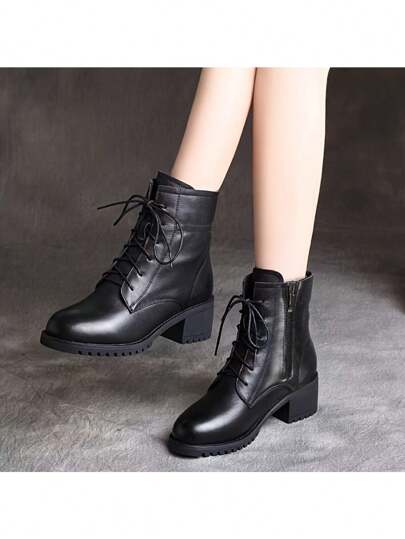 Fall/Winter 2025 New Fashion British Style Soft Leather Mid-Heel Chunky Heel Ankle Boots, Black, Versatile,Boots For Women