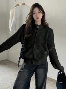 Women Zip-Up Knit Cardigan Sweater Jacket With Stand Collar, Autumn/Winter