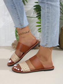 女士时尚一脚蹬凉鞋，露趾平底休闲鞋，采用舒适的合成亚麻鞋面，装饰衬里和鞋垫，适合女士一脚蹬凉鞋