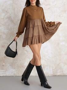 Women Sweatshirt, Long Sleeve Crew Neck Pleated Loose Hoodie Pullover Casual Tops - Màu nâu - Xem 2