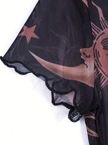 Women See-Through T-Shirts Mesh Crop Top Transparent Moon Star Print Tee - Black - View 2