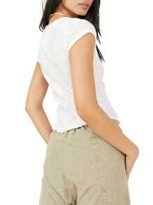 Women's Solid Color Tops Slim Fit Round Neck Short Sleeve Rolled Cuff Wave Hem Tops Shirt For Summer - White - View 3