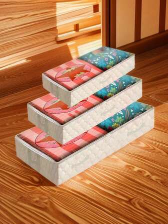 1 Set/Set Of 3 Under-Bed Storage Box Household Drawer Storage Box Student Dormitory Wardrobe Storage Bag Household Quilt Storage Bag Foldable Pocket With Handles, Double Zipper And Window