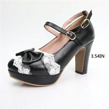 Mary Janes For Women Platform Heels Bow Kawaii Shoes Vintage Dress Pumps - màu đen - Xem 3