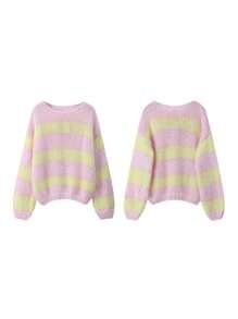 Women Oversized Striped Sweater Color Block Knit Long Sleeve Sweatshirt Loose Pullover Y2K Preppy Jumper - Pink - View 2