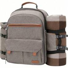 Sunflora Picnic Backpack For 4 Person With Blanket Picnic Basket Set For 2 With Insulated Cooler Wine Pouch For Family Couples (Blue & Stripe) - Brush Beige - View 2