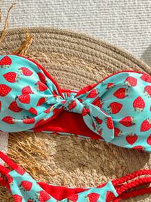 Bikinx Strawberry Print Bandeau Twist Women's Bikini Set Side Waist Rope Hollow Bikini For Beach Vacation Summer - 彩色 - 查看 3