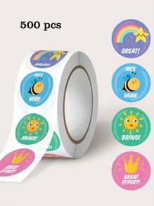 500 piezas/Rollo Pegatinas de dibujos animados en inglés con patrones de arcoíris, abeja, sol, corona, adhesivas de PVC resistentes al agua, para manualidades DIY, decoración, contabilidad, recompensas de maestros, multiusos, útiles escolares, vuelta al cole papelería libro de sticker estikers - Multicolor - Ver 12
