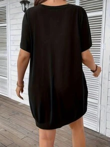 Plus Size Women Solid Color V-Neck Short Sleeve Casual T-Shirt Dress For Summer - Black - View 2