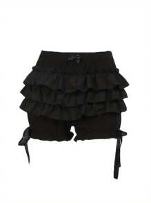 Pantalones cortos negros góticos Y2k para mujer, pantalones cortos de verano con cintura elástica y capas de calabaza, pantalones cortos casuales con volantes, pantalones cortos de cosplay, pantalones cortos tipo enagua, ropa vintage Lolita, ropa de calle.