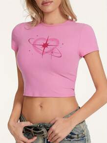 Women T-Shirt Crew Neck Short Sleeve Heart Print Slim Fit Summer Tops For Casual Daily