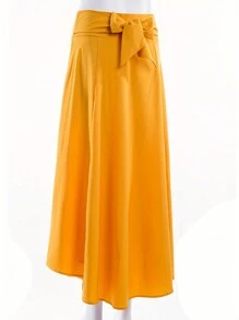 Women High Waist Pure Skirt Fashion Bow Flared Pleated Long Skirt With Two Pocket - 黃色 - 查看 2