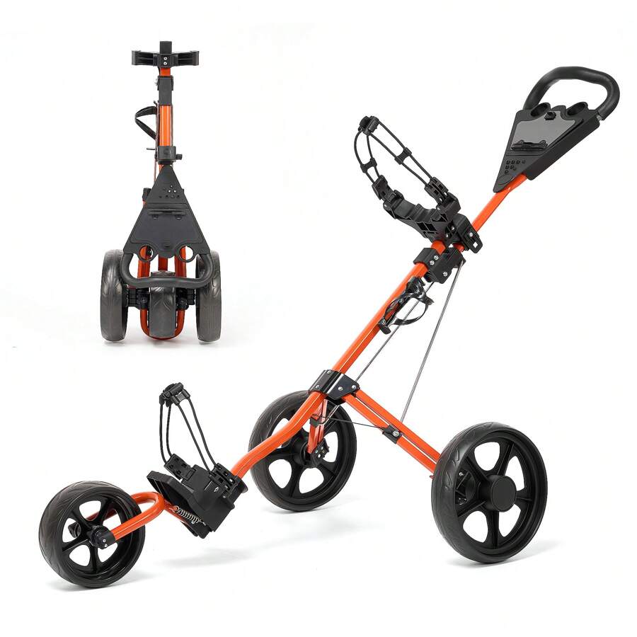 Folding 3 Wheels Golf Pull Push Cart With Scoreboard Adjustable Handle, Orange - 橘色 - 查看 1