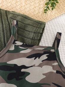 4-7 Years Girls Summer Camouflage Print Short Sleeve T-Shirt And Cami Dress 2-Piece Set, Soft And Skin-Friendly Fabric - Army Green - View 11