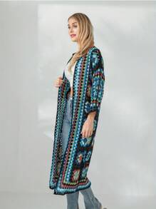 Women's Crochet Floral Cardigan Casual Long Sleeve Open Front Sweater Bohemian Outwear Coat - 湖藍色 - 查看 5