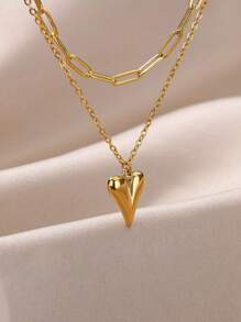 1 pieza Collar con colgante de corazón de acero inoxidable de doble capa, color dorado que no se desvanece, adecuado para uso diario - collar - Ver 4