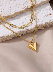 1 pieza Collar con colgante de corazón de acero inoxidable de doble capa, color dorado que no se desvanece, adecuado para uso diario - collar - Ver 3