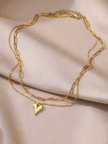1 pieza Collar con colgante de corazón de acero inoxidable de doble capa, color dorado que no se desvanece, adecuado para uso diario - collar - Ver 5