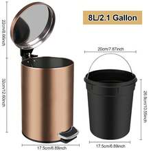 8 Liter/2.1 Gallon Round Metal Trash Can, Stainless Steel With Lid, Foot Pedal And Inner Bucket, Brushed Hands-Free Soft Close Lid Garbage Can For Kitchen, Bathroom, Bedroom - 金色 - 查看 2