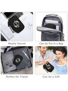 Customized Name, Printed With Floral Wreath Pattern Electronic Storage Bag, Waterproof Travel Storage Bag, Portable Travel U Disk Hard Disk Headphone Storage Bag, Multi-Functional Electronic Accessories Storage Bag, Daily Use, School, Work Or Travel Use, Waterproof, Easy To Clean, Picnicking, Going Out, Traveling, Birthday Gift, Teacher's Gift,Boho Vibes - Black - View 3
