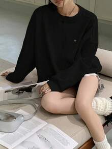 Áo nỉ in chữ rộng rãi thả vai mùa thu 2024, Áo chui đầu mùa xuân màu hồng nhạt thời trang cho nữ - màu đen - Xem 4