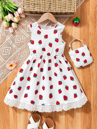 Vestito con stampa fragole stile campagnolo + borsa per ragazze, vestito a-line con scollo rotondo e smanicato, orlo con volant, adatto per uso quotidiano, vacanza ed estate, taglia 4-7 anni, primavera/estate