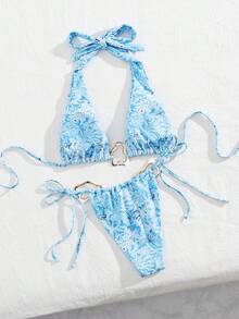 全新柔软印花银环系带吊带优雅派对比基尼套装，夏季海滩时尚女士泳装