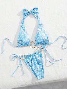 全新柔软印花银环系带吊带优雅派对比基尼套装，夏季海滩时尚女士泳装