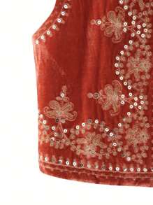 Women Vest, Sleeveless Open Front Embroidery Flower Sequined Outwear Gilet For Casual Street