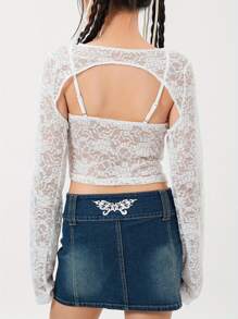 Women Y2k Lace Trim Long Sleeve Top Spaghetti Strap Tank Tops Bolero Shrug 2 Piece Set Trendcy Streetwear - White - View 2
