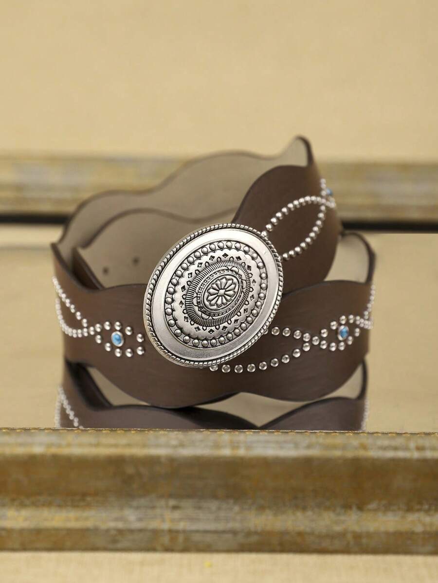 1 chiếc thắt lưng nữ bằng da PU đính đá, kiểu dáng bohemian thời trang, phù hợp cho mặc hàng ngày. - Cà phê - Xem 1